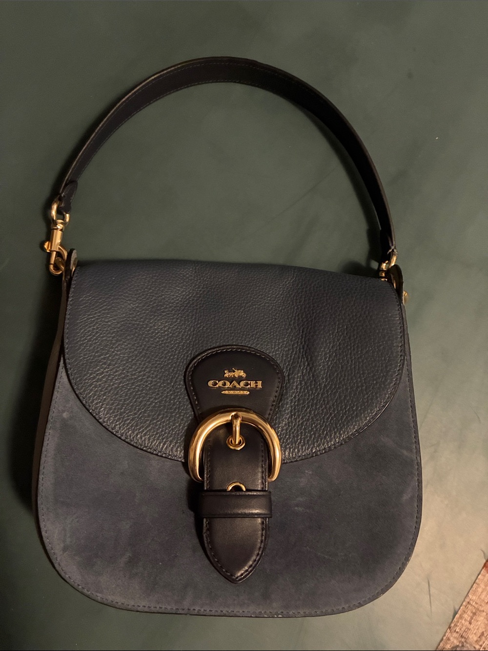 Coach Kleo 23 Blue Suede Pebbled Leather Buckle Shoulder Bag